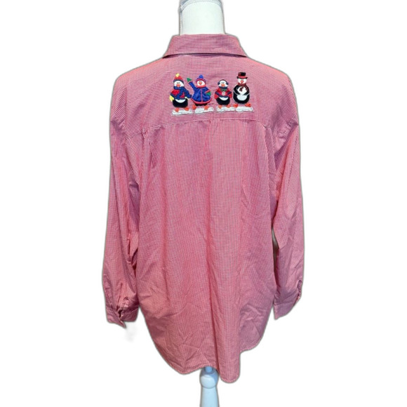Karen Scott Holiday Christmas Button Down Top XL Red Check Snowman Penguins - Picture 3 of 10